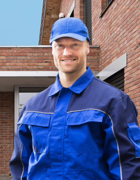 Marek D., pest control technician, outside a home