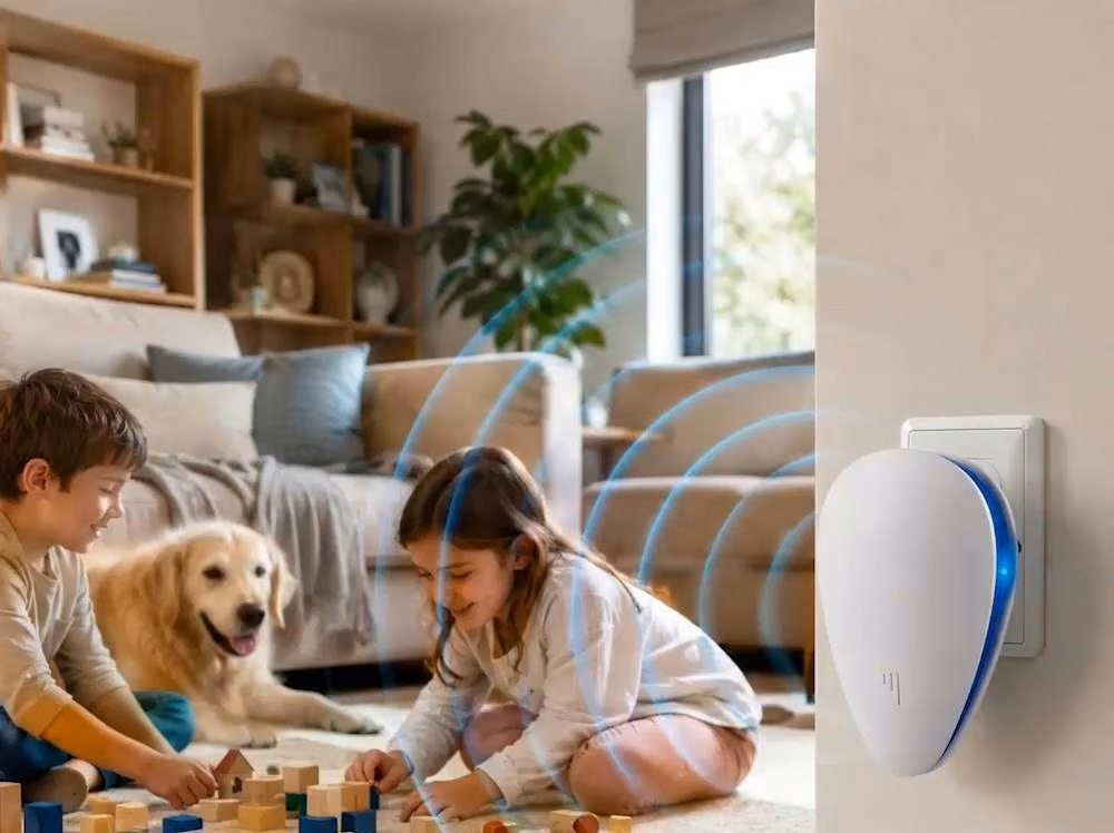 Children and a dog relaxing in a bright living room